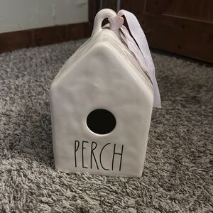 White Ceramic Birdhouse with Pink Ribbon